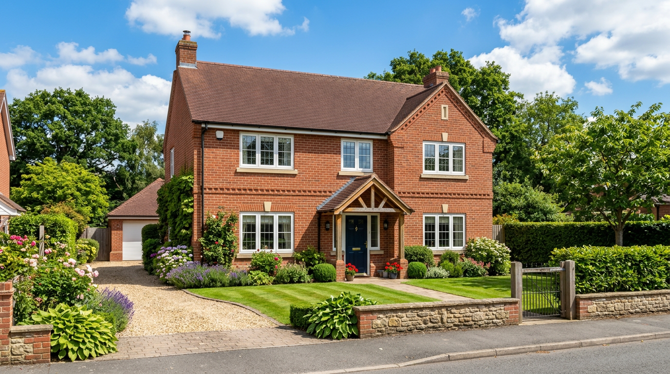Beautiful UK detached brick home with a pristine tiled roof